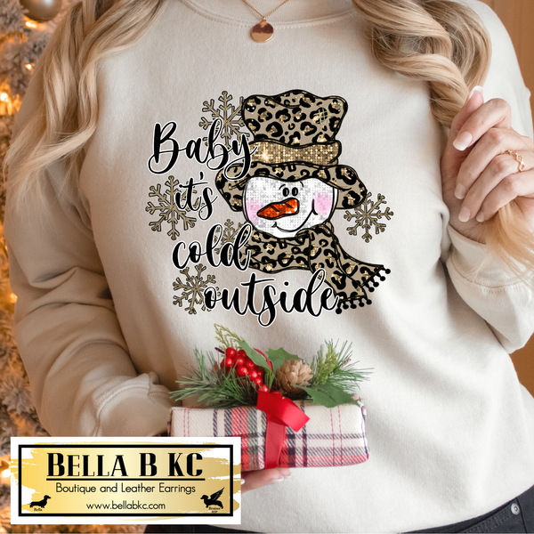Christmas - Leopard Snowman Baby It's Cold Outside Faux Sequins Tee or Sweatshirt