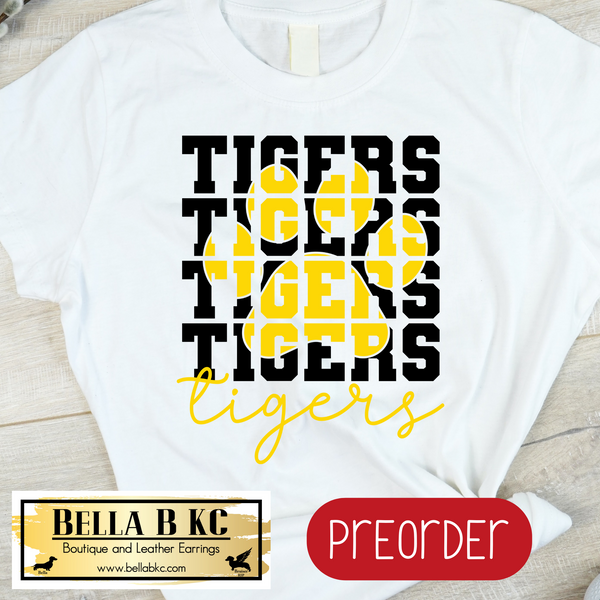 Tigers Stacked Repeat with Paw on WHITE Tee or Sweatshirt