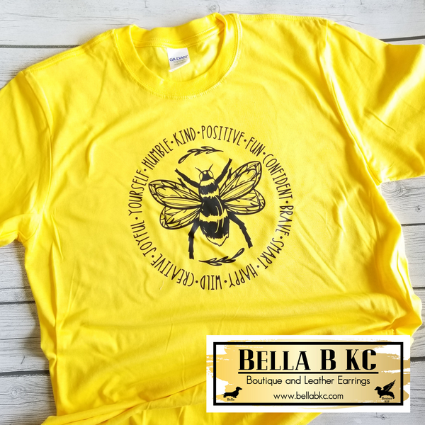 Be Kind Positive Fun Confident Brave Bee Tee on Yellow