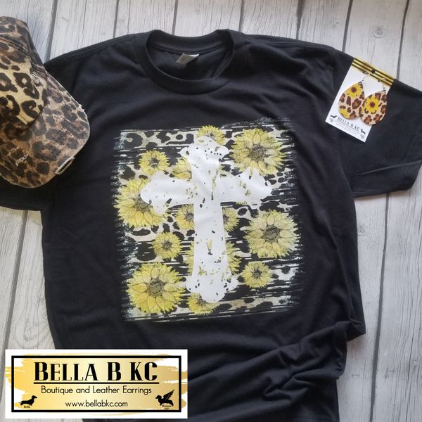 Faith - Leopard Sunflower Cross on Black Tee