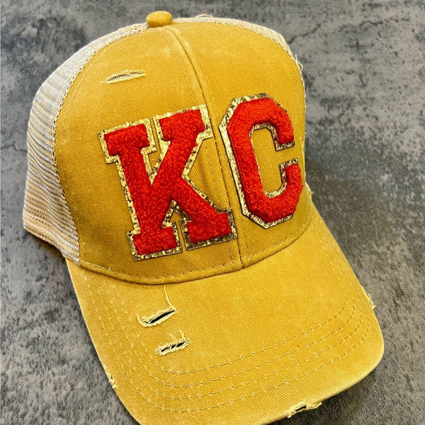KC Chenille Patch Yellow Criss Cross Pony Trucker Baseball Hat
