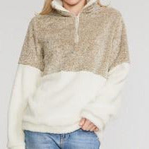 Olive and Cream Sherpa Fuzzy Soft Pullover