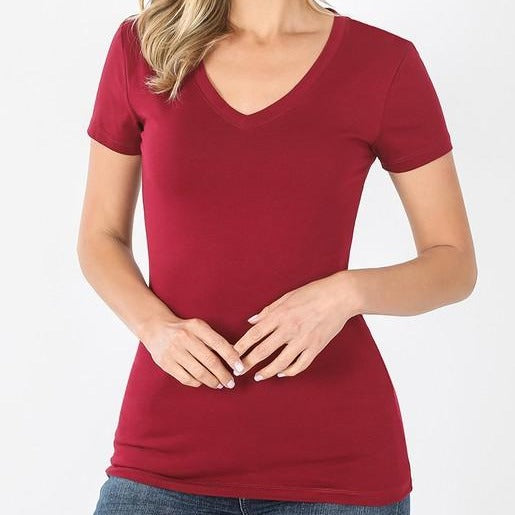 Cabernet Fitted Cotton V-Neck Basic Tee