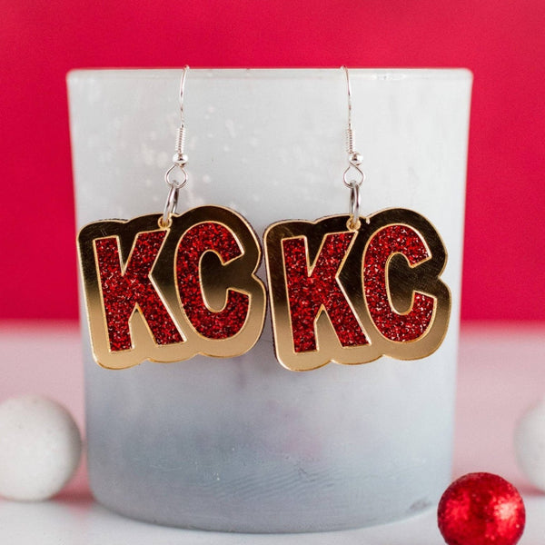 Acrylic - Red Glitter & Gold Mirror KC Dangles - Kansas City Football