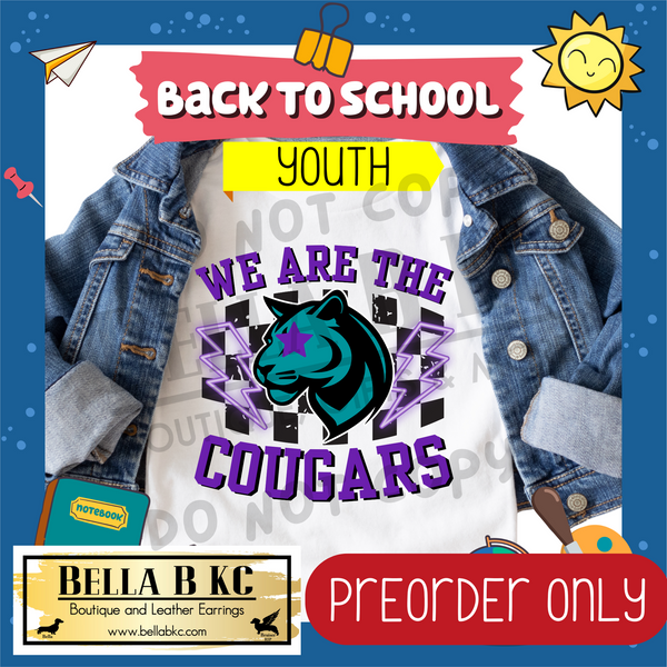 **PREORDER ONLY** TODDLER/YOUTH Cougars Purple/Teal - We are the Cougars Checkered Mascot Tee or Sweatshirt - 1 Week Turn Around from Date of Order (Copy)