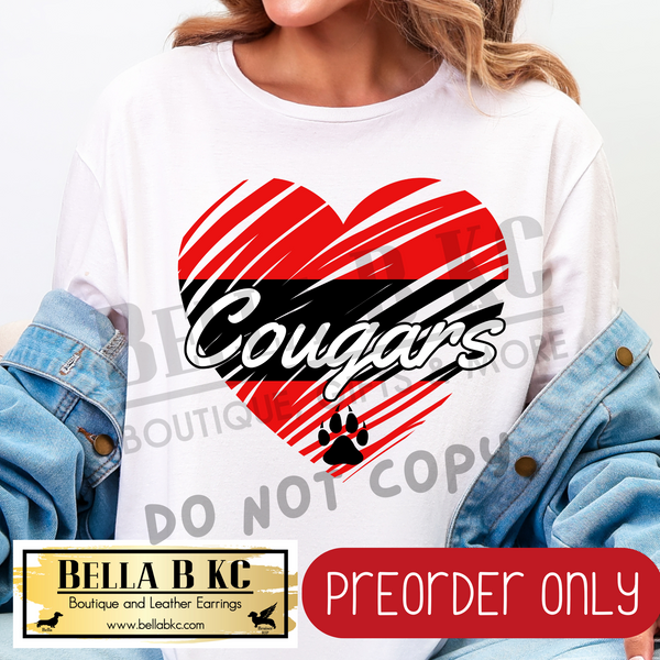 **PREORDER ONLY** Cougars Red Scribble Split Heart - Tee or Sweatshirt - 1 Week Turn Around from Date of Order