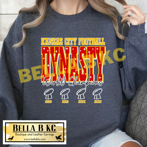 Kansas City Football Dynasty with all 4 SB Dates Tee or Sweatshirt