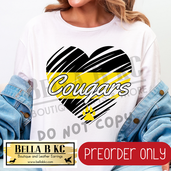 **PREORDER ONLY** Cougars Yellow Scribble Split Heart - Tee or Sweatshirt - 1 Week Turn Around from Date of Order