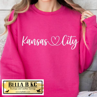 Kansas City Fancy Script with Heart White Print Tee or Sweatshirt