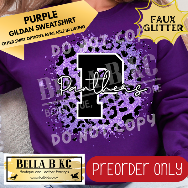 **PREORDER ONLY** Panthers Purple FAUX Leopard Glitter - Tee or Sweatshirt - 1 Week Turn Around from Date of Order