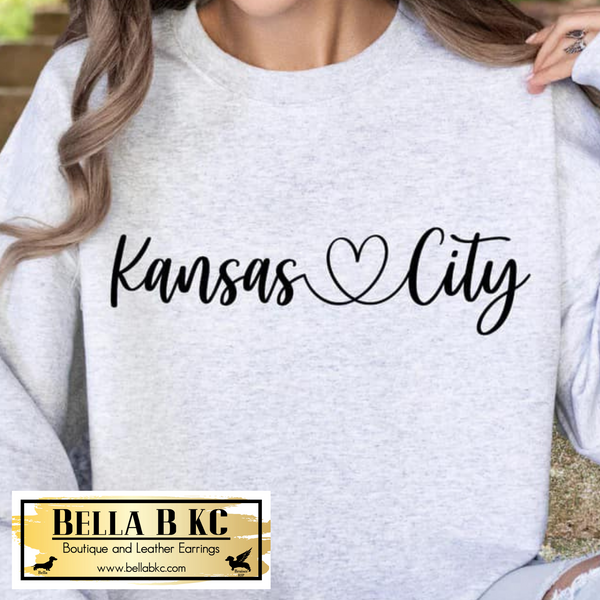 Kansas City Fancy Script with Heart Black Print Tee or Sweatshirt