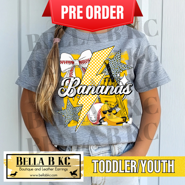 **PREORDER ONLY - 1 WEEK TAT** TODDLER/YOUTH - Banana Baseball Collage Bow Coquette Tee