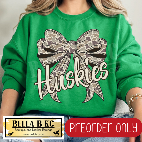 **PREORDER ONLY** Huskies Camo Coquette Bow - Tee or Sweatshirt - 1 Week Turn Around from Date of Order