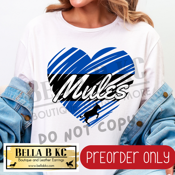 **PREORDER ONLY** Mules Blue Scribble Split Heart - Tee or Sweatshirt - 1 Week Turn Around from Date of Order