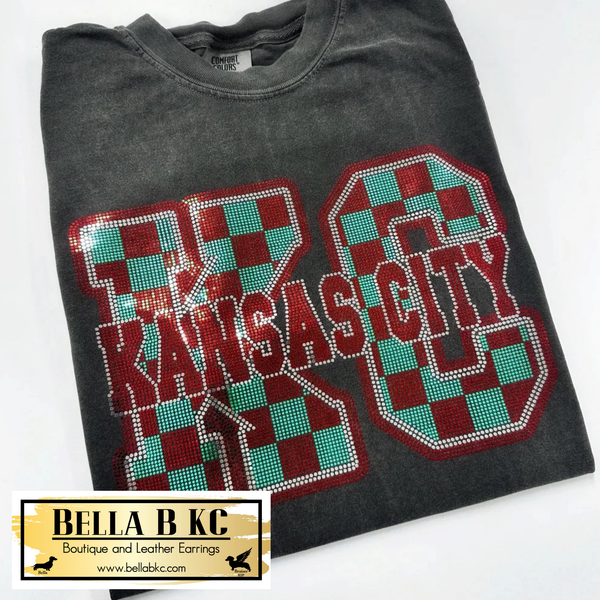 KC Soccer Red Teal Checkered - Metallic Holographic Spangle Tee or Sweatshirt
