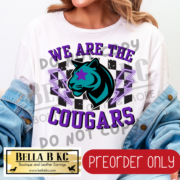 **PREORDER ONLY** Cougars Purple/Teal - We are the Cougars Checkered Mascot Tee or Sweatshirt - 1 Week Turn Around from Date of Order