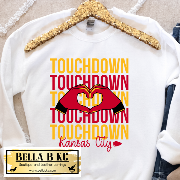Kansas City Football Touchdown Repeat with Heart Hand Tee or Sweatshirt