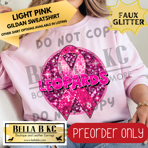 **PREORDER ONLY** Leopards Pink Out FAUX SEQUIN Breast Cancer Ribbon - Tee or Sweatshirt - 1 Week Turn Around from Date of Order