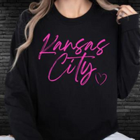 Kansas City Brush Script with Heart Pink Print Tee or Sweatshirt