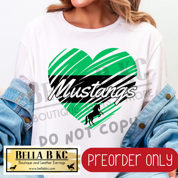 **PREORDER ONLY** Mustangs Green Scribble Split Heart - Tee or Sweatshirt - 1 Week Turn Around from Date of Order