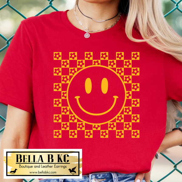 Kansas City Checker Floral Smile Face Yellow Print Tee or Sweatshirt