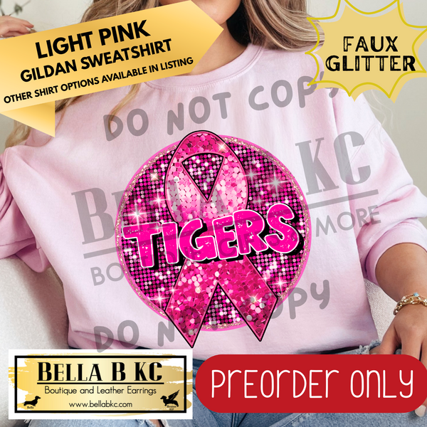 **PREORDER ONLY** Tigers Pink Out FAUX SEQUIN Breast Cancer Ribbon - Tee or Sweatshirt - 1 Week Turn Around from Date of Order