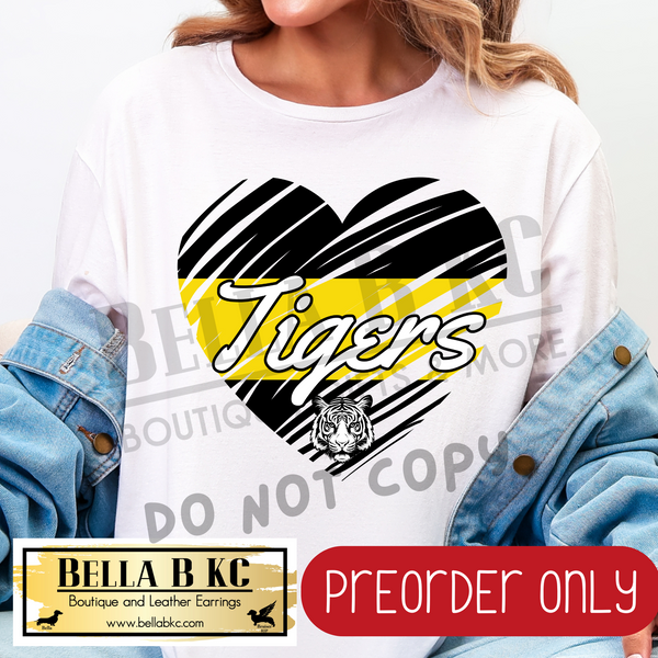 **PREORDER ONLY** Tigers Scribble Split Heart - Tee or Sweatshirt - 1 Week Turn Around from Date of Order