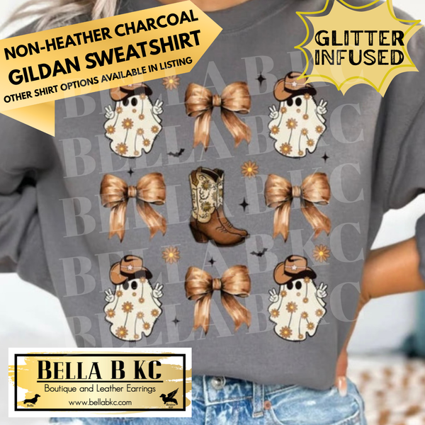 Halloween - **GLITTER INFUSED PRINT** Western Coquette Bow Ghost - Tee or Sweatshirt