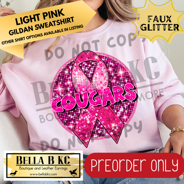 **PREORDER ONLY** Cougars Pink Out FAUX SEQUIN Breast Cancer Ribbon - Tee or Sweatshirt - 1 Week Turn Around from Date of Order