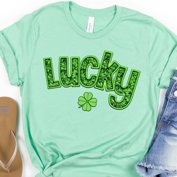 St. Patrick's Day Lucky Shamrock FAUX PRINTED Glitter Tee or Sweatshirt