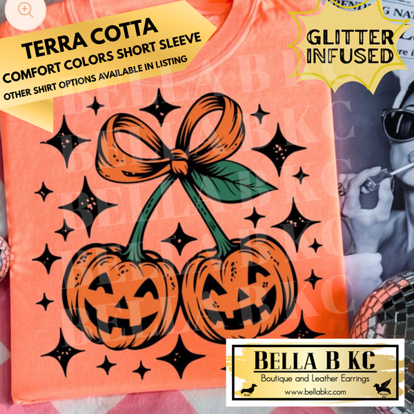Halloween - **GLITTER INFUSED PRINT** Pumpkin Jack O'Lantern Cherries - Tee or Sweatshirt