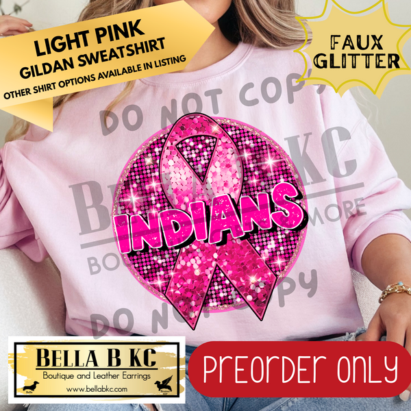 **PREORDER ONLY** Indians Pink Out FAUX SEQUIN Breast Cancer Ribbon - Tee or Sweatshirt - 1 Week Turn Around from Date of Order