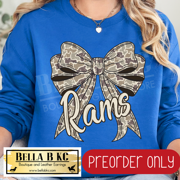 **PREORDER ONLY** Rams Camo Coquette Bow - Tee or Sweatshirt - 1 Week Turn Around from Date of Order