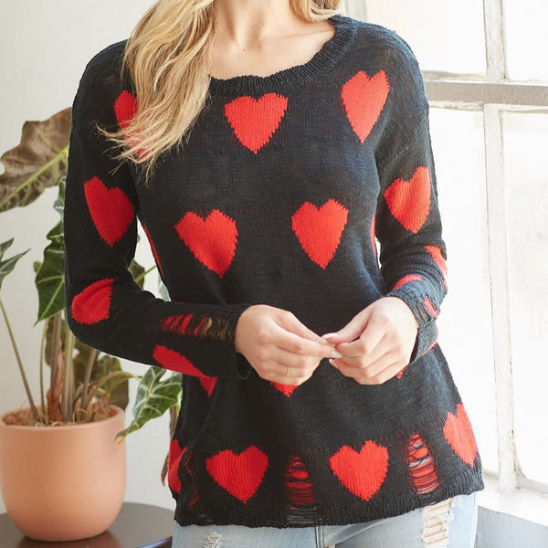 Black Heart Distressed Sweater