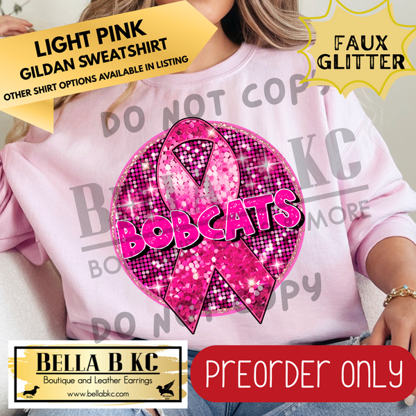 **PREORDER ONLY** Bobcats Pink Out FAUX SEQUIN Breast Cancer Ribbon - Tee or Sweatshirt - 1 Week Turn Around from Date of Order