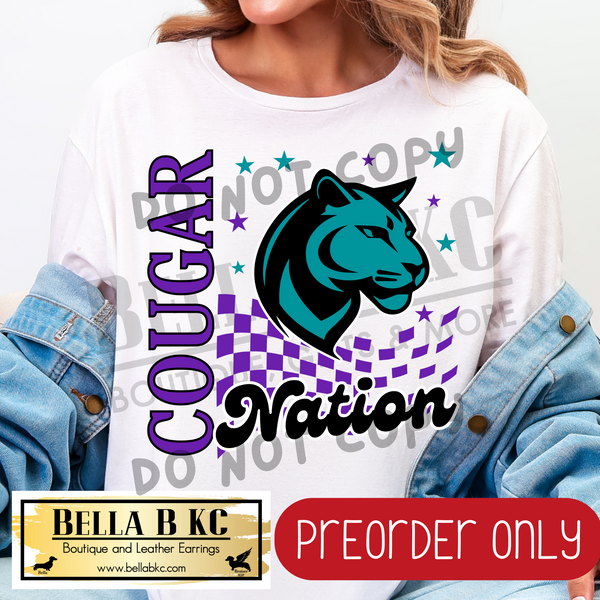 **PREORDER ONLY** Cougars Purple/Teal - Cougar Nation Mascot Tee or Sweatshirt - 1 Week Turn Around from Date of Order