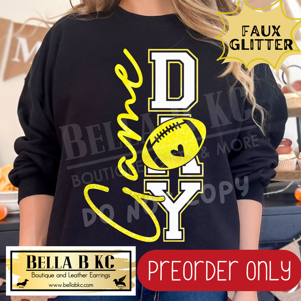 **PREORDER ONLY** Yellow Football Game Day FAUX GLITTER - Tee or Sweatshirt - 1 Week Turn Around from Date of Order