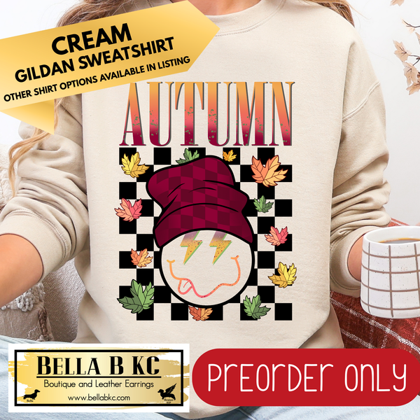 **PREORDER ONLY** Fall - Autumn Smiley Checkered Leaves #145 - Tee or Sweatshirt - 1 Week Turn Around from Date of Order