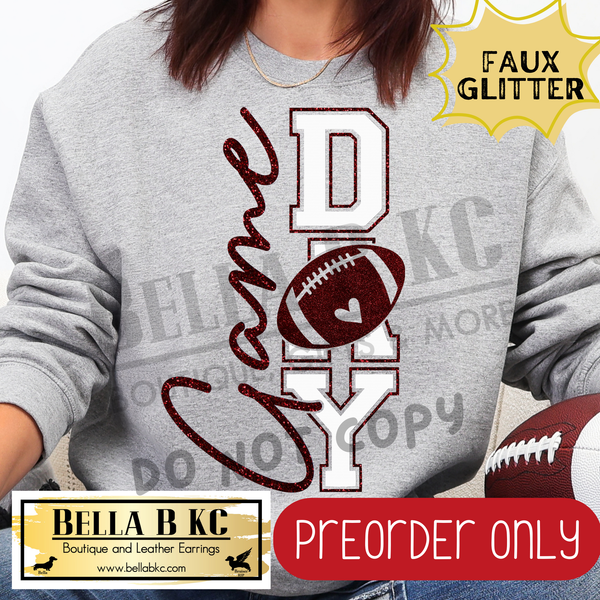 **PREORDER ONLY** Burgundy Football Game Day FAUX GLITTER - Tee or Sweatshirt - 1 Week Turn Around from Date of Order