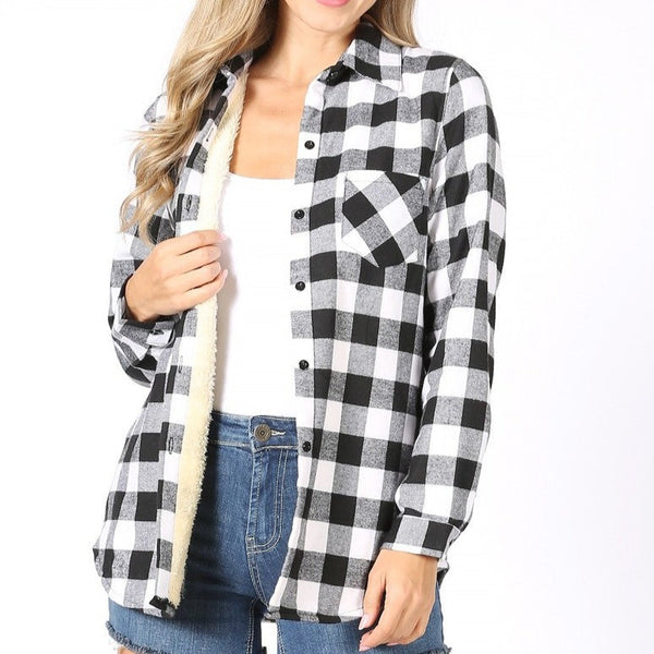 Black and White Buffalo Plaid Flannel with Sherpa Lining Shacket