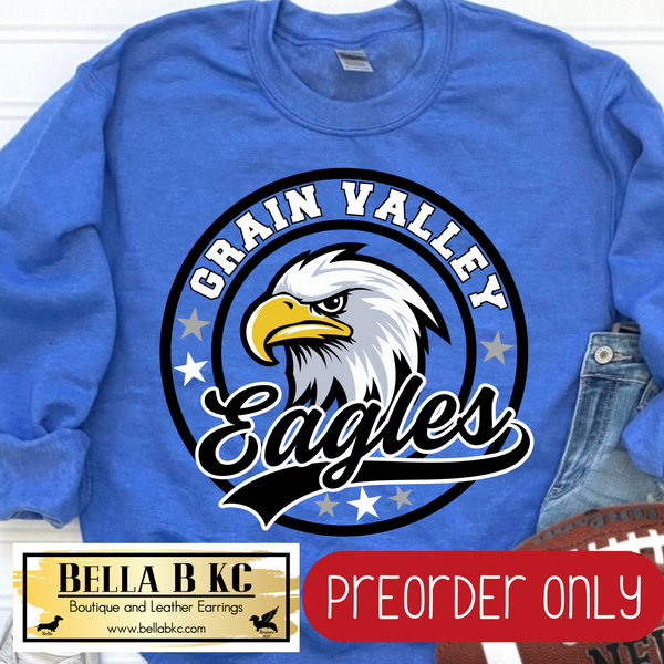 **PREORDER ONLY** Grain Valley Eagles Round Star Mascot Tee or Sweatshirt - 1 Week Turn Around from Date of Order