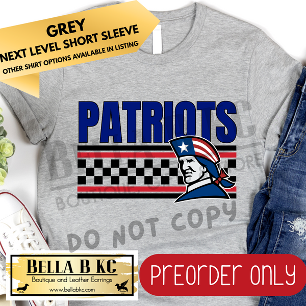 **PREORDER ONLY** Patriots Checkered Lines Mascot Tee or Sweatshirt - 1 Week Turn Around from Date of Order