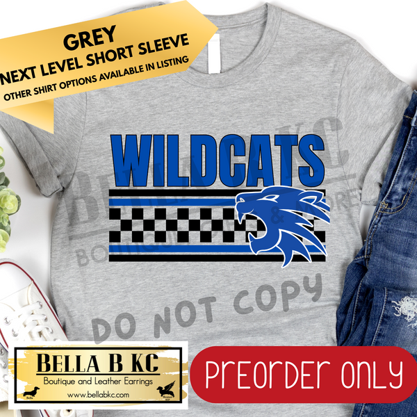 **PREORDER ONLY** Wildcats BLUE Checkered Lines Mascot Tee or Sweatshirt - 1 Week Turn Around from Date of Order