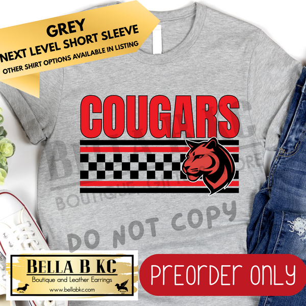 **PREORDER ONLY** Cougars RED Checkered Lines Mascot Tee or Sweatshirt - 1 Week Turn Around from Date of Order
