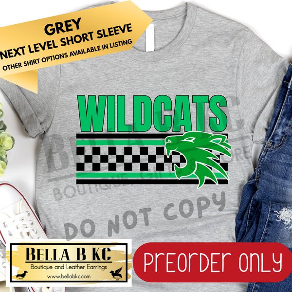 **PREORDER ONLY** Wildcats GREEN Checkered Lines Mascot Tee or Sweatshirt - 1 Week Turn Around from Date of Order