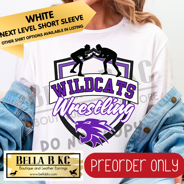 **PREORDER ONLY** Wildcats PURPLE Wrestling Shield Tee or Sweatshirt - 1 Week Turn Around from Date of Order