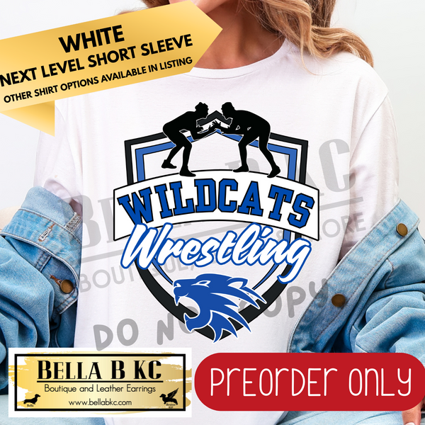 **PREORDER ONLY** Wildcats BLUE Wrestling Shield Tee or Sweatshirt - 1 Week Turn Around from Date of Order