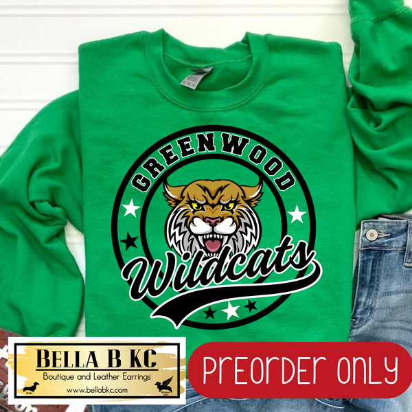 **PREORDER ONLY** Greenwood Wildcats Round Star Mascot Tee or Sweatshirt - 1 Week Turn Around from Date of Order