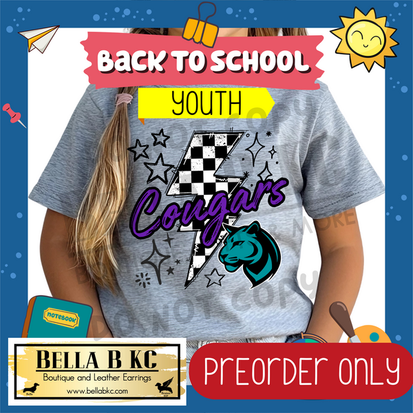 **PREORDER ONLY** TODDLER/YOUTH Cougars Purple/Teal Checkered Bolt Mascot Tee or Sweatshirt - 1 Week Turn Around from Date of Order
