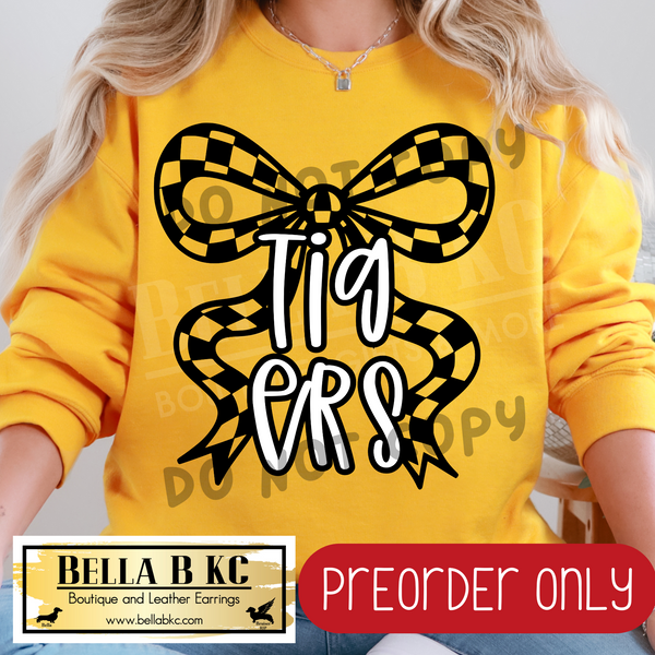 **PREORDER ONLY** Tigers Checkered Coquette Bow - Tee or Sweatshirt - 1 Week Turn Around from Date of Order